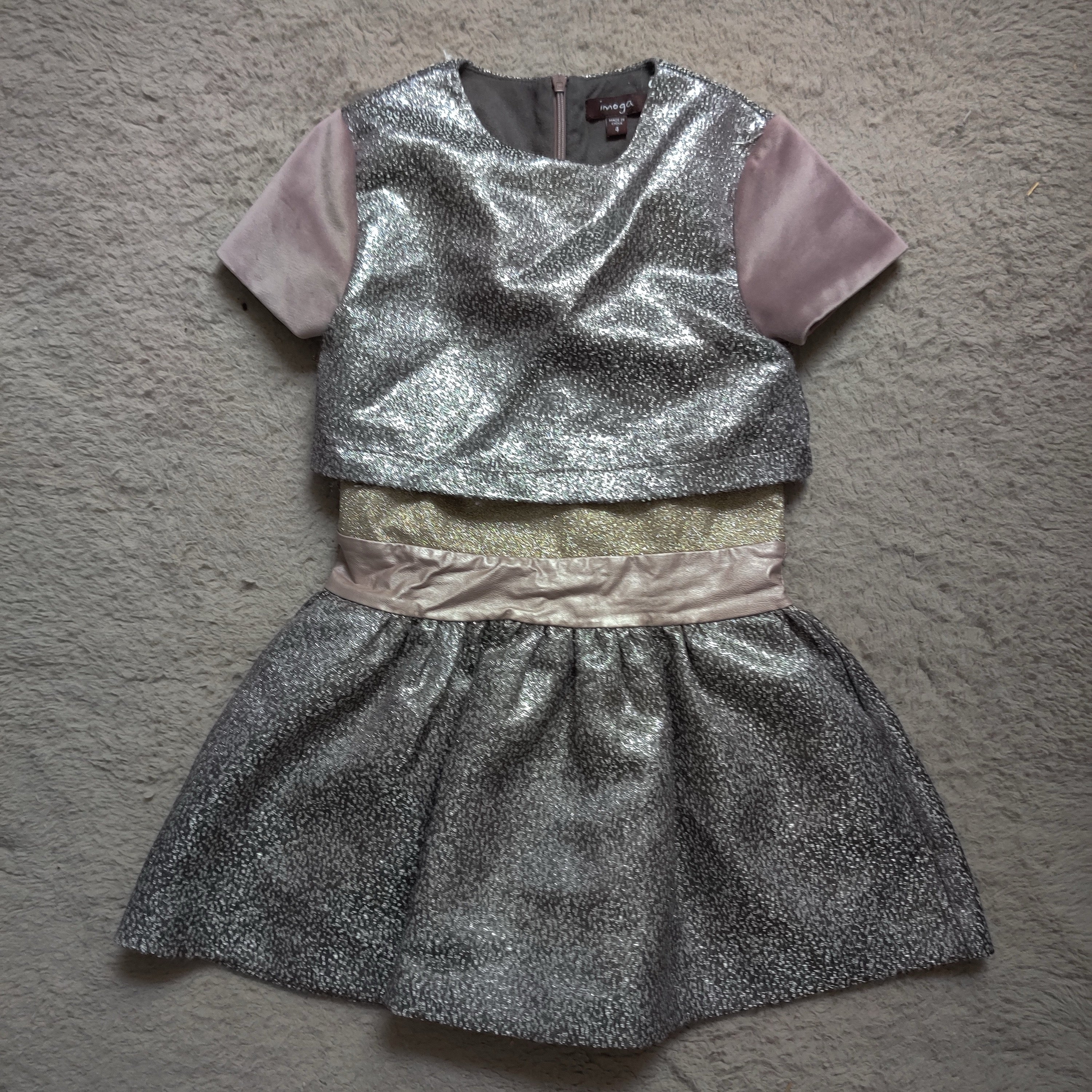 Imoga Miranda dress Girls size 4 Metallic Silver Gold Dusty Pink Velvet Sleeves