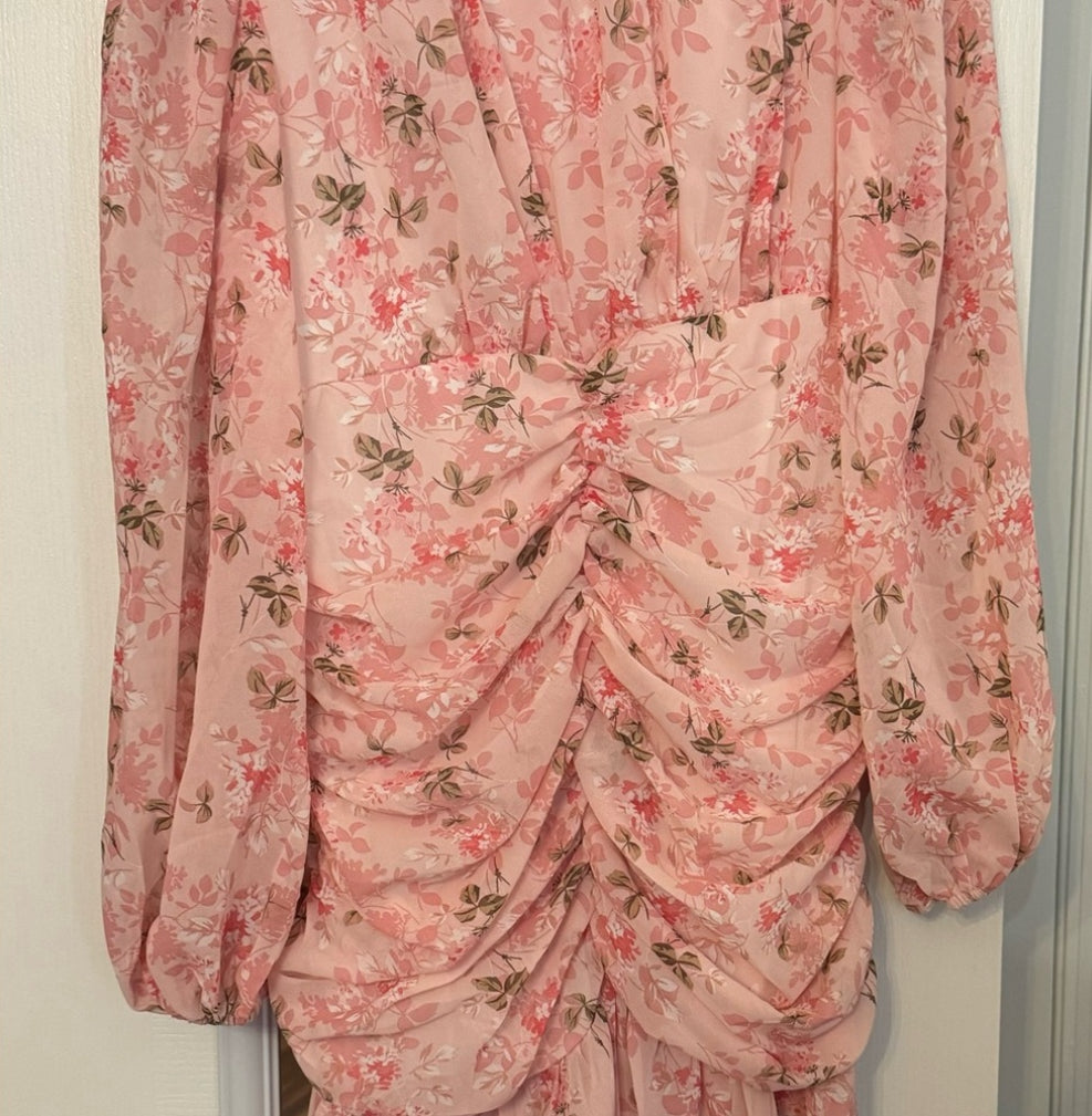 Floral Pattern Round Neck Long Puff Sleeves Ruffle Design Women Midi Dress