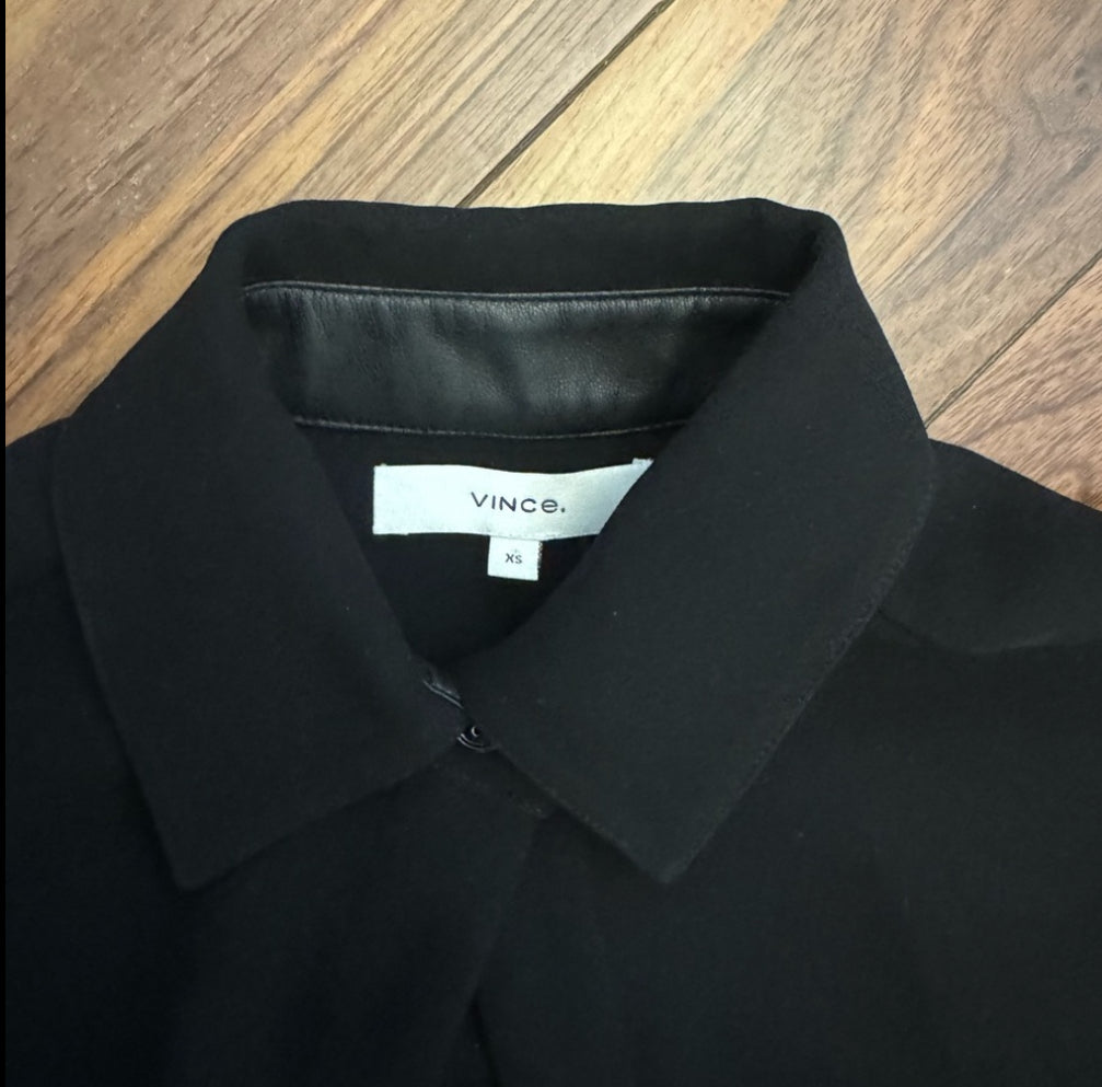 Vince Faux Leather Trim Shift in Black Crepe Shirt Dress XS originally $345