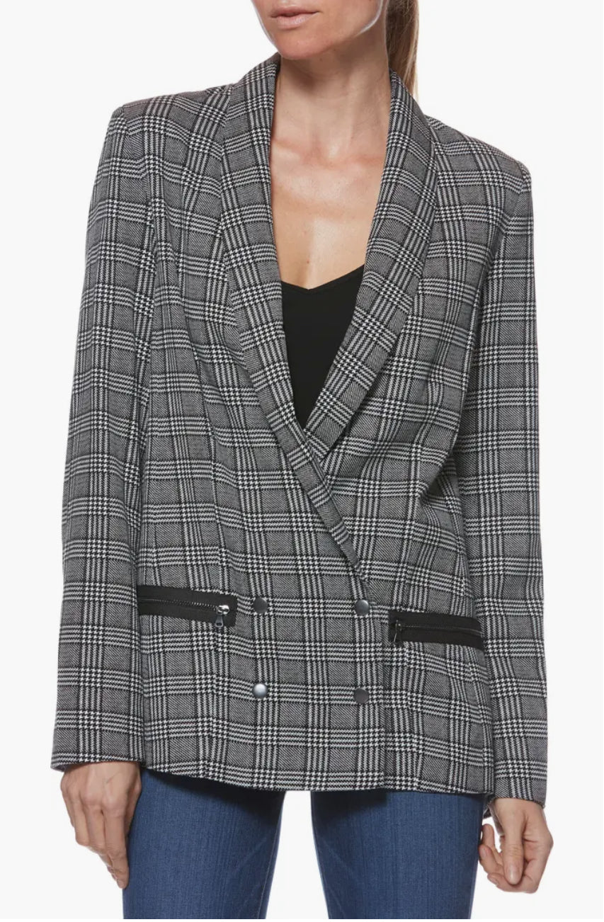 PAIGE Womens Karissa Houndstooth Plaid Blazer Black White Check Size Large Zip