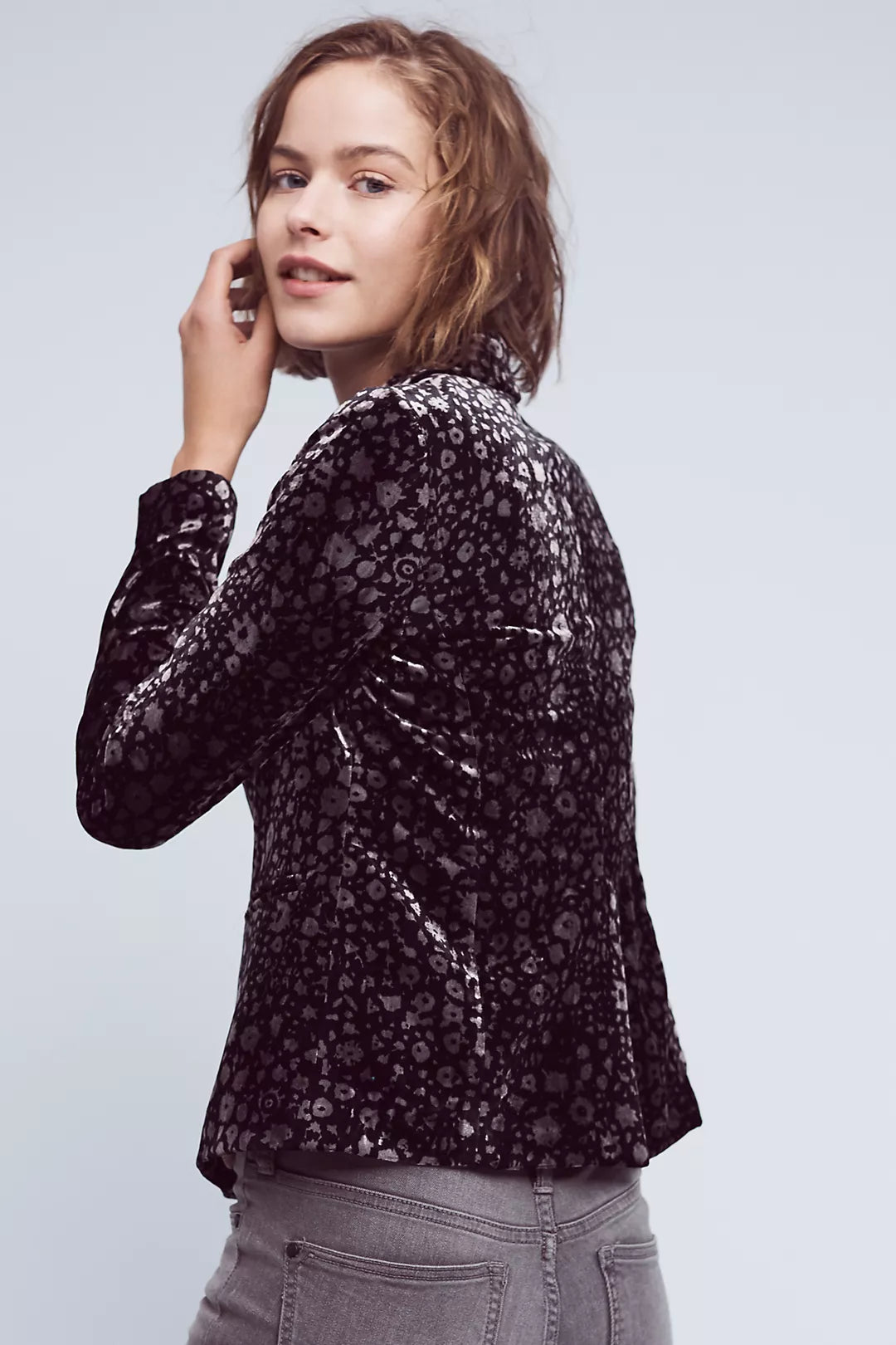 ANTHROPOLOGIE Elevenses Lumi Velvet Blazer Sz 8 Black Silver Gray Floral Jacket