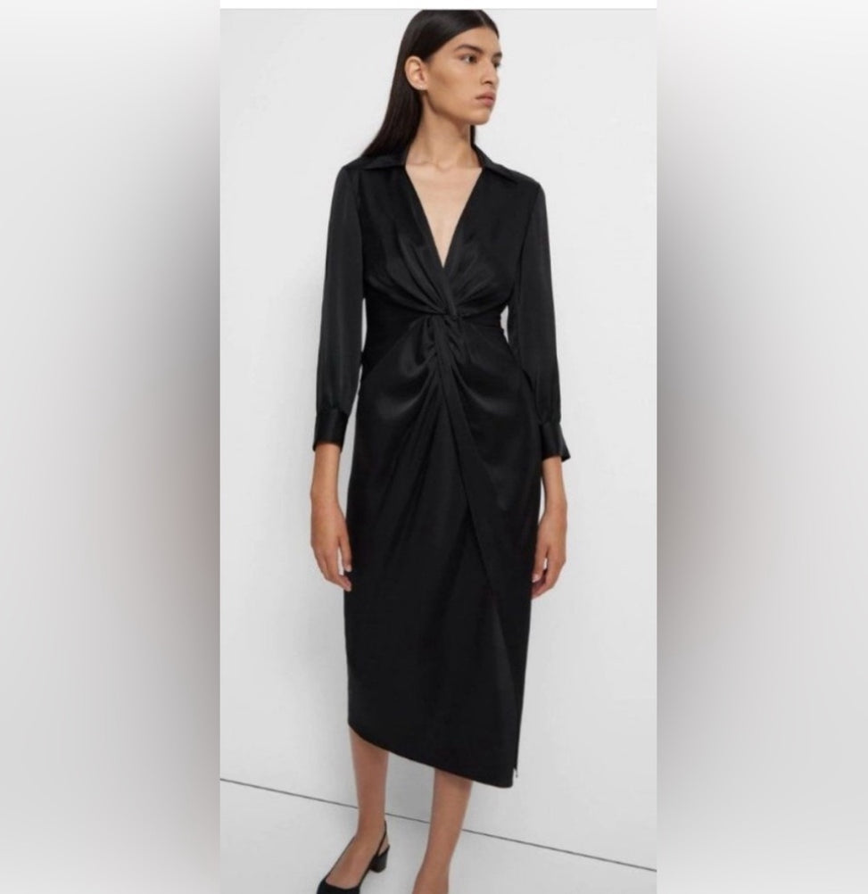 Theory Dress Black Ruched shirt Satin Size 00