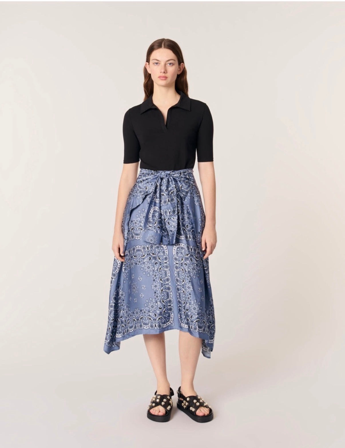 Maje Raprinana Mixed-Media bandana print midi Dress Blue NWT SIZE 10