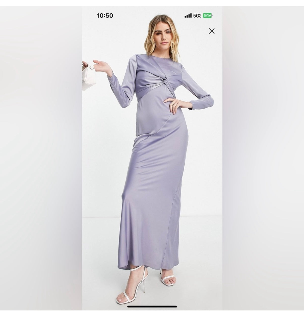 ASOS DESIGN twist front long sleeves satin maxi dress in lilac NWT size 6