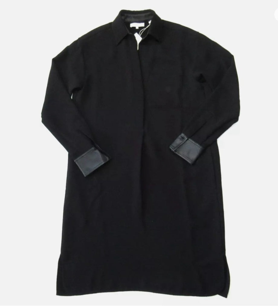 Vince Faux Leather Trim Shift in Black Crepe Shirt Dress XS originally $345