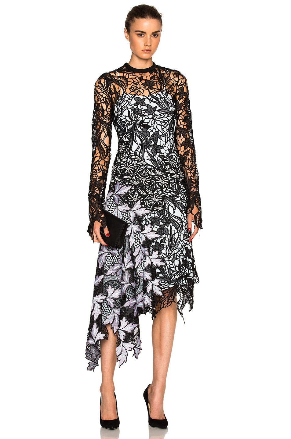Self Portrait Vine Lace Midi Dress Size 0 Asymmetric Hem Floral Black ALTERED