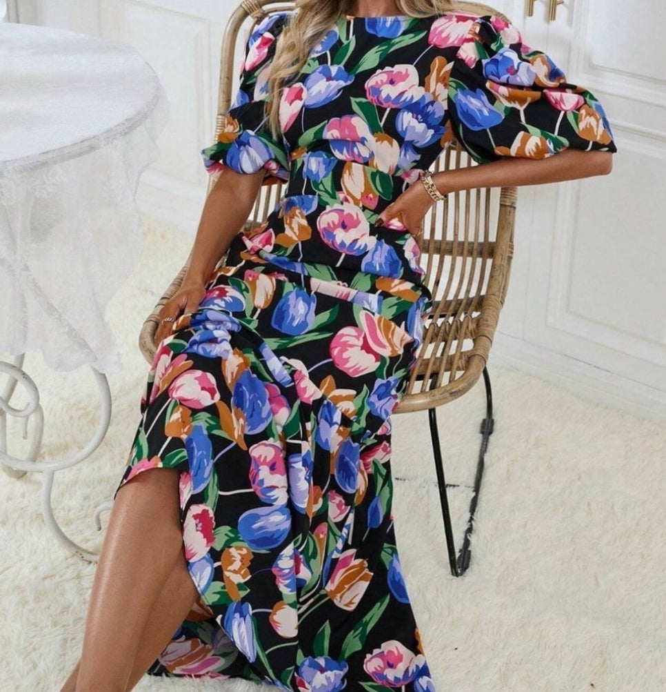 Multicolor Boho Womens Floral Print Puff Sleeve Ruffle Hem Dress