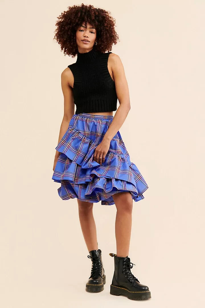 Anthropologie Maeve Womens Tiered Ruffled Mini Skirt Blue Plaid Sz 0 Puff Bubble