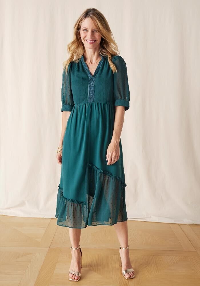 Matilda Jane Heart To Heart Opening Night Dress Womens Sz S Green Clip Dot Midi