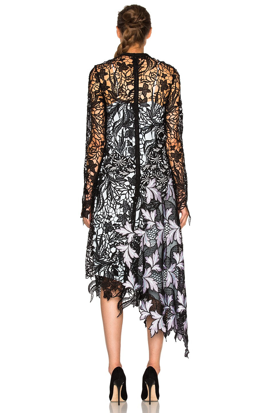 Self Portrait Vine Lace Midi Dress Size 0 Asymmetric Hem Floral Black ALTERED