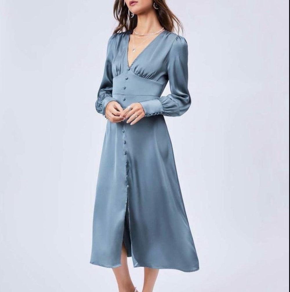 Cider brand blue satin feel dress with front buttons and front slit.