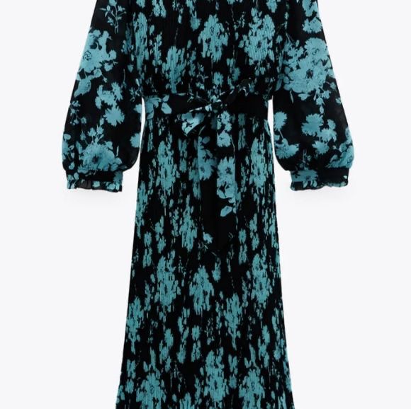 Blue Floral Printed Pleated‎ Balloon Sleeve Chiffon Maxi Dress