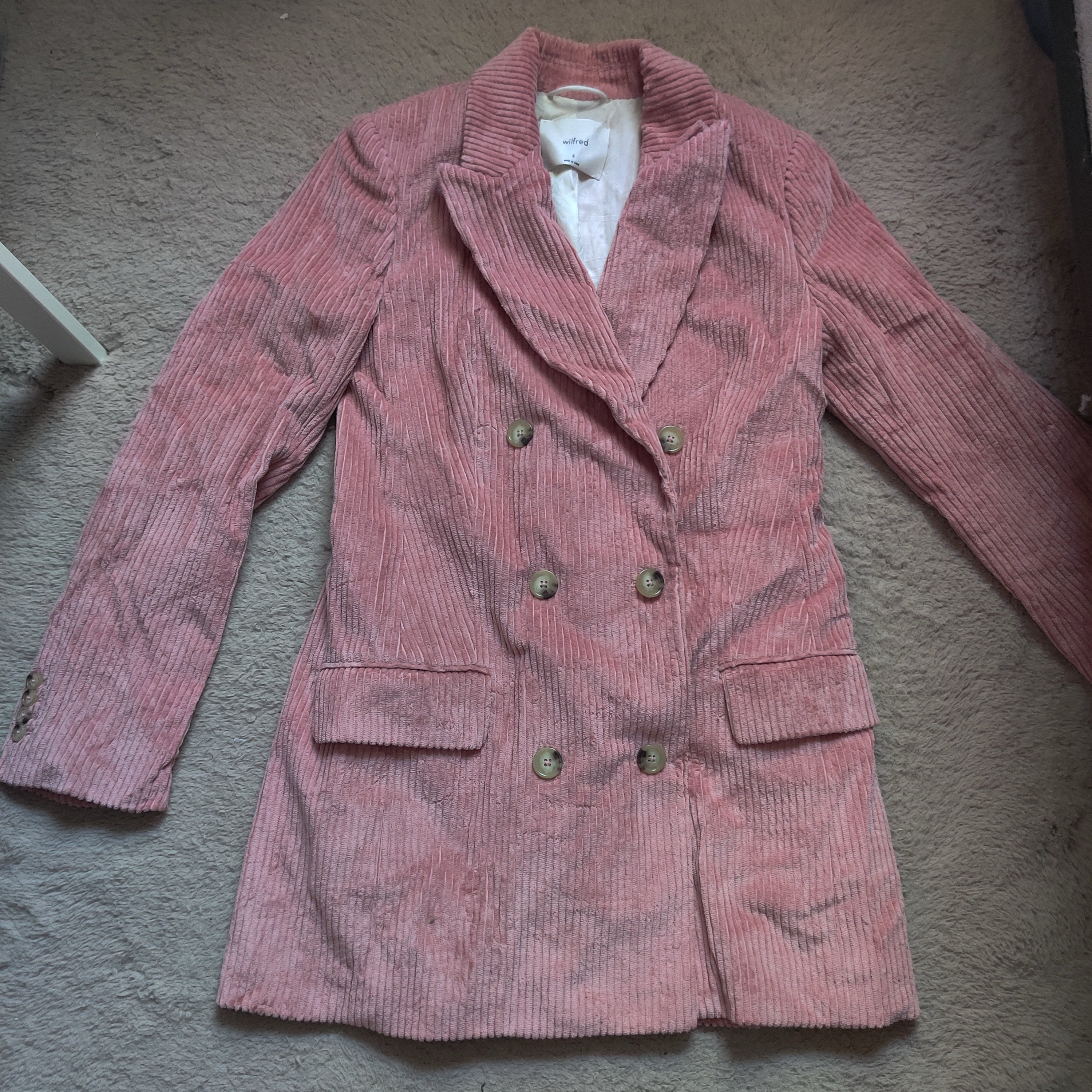 Wilfred Aritzia Pink Double Breasted Corduroy Jacket Blazer Margaux Longline 4
