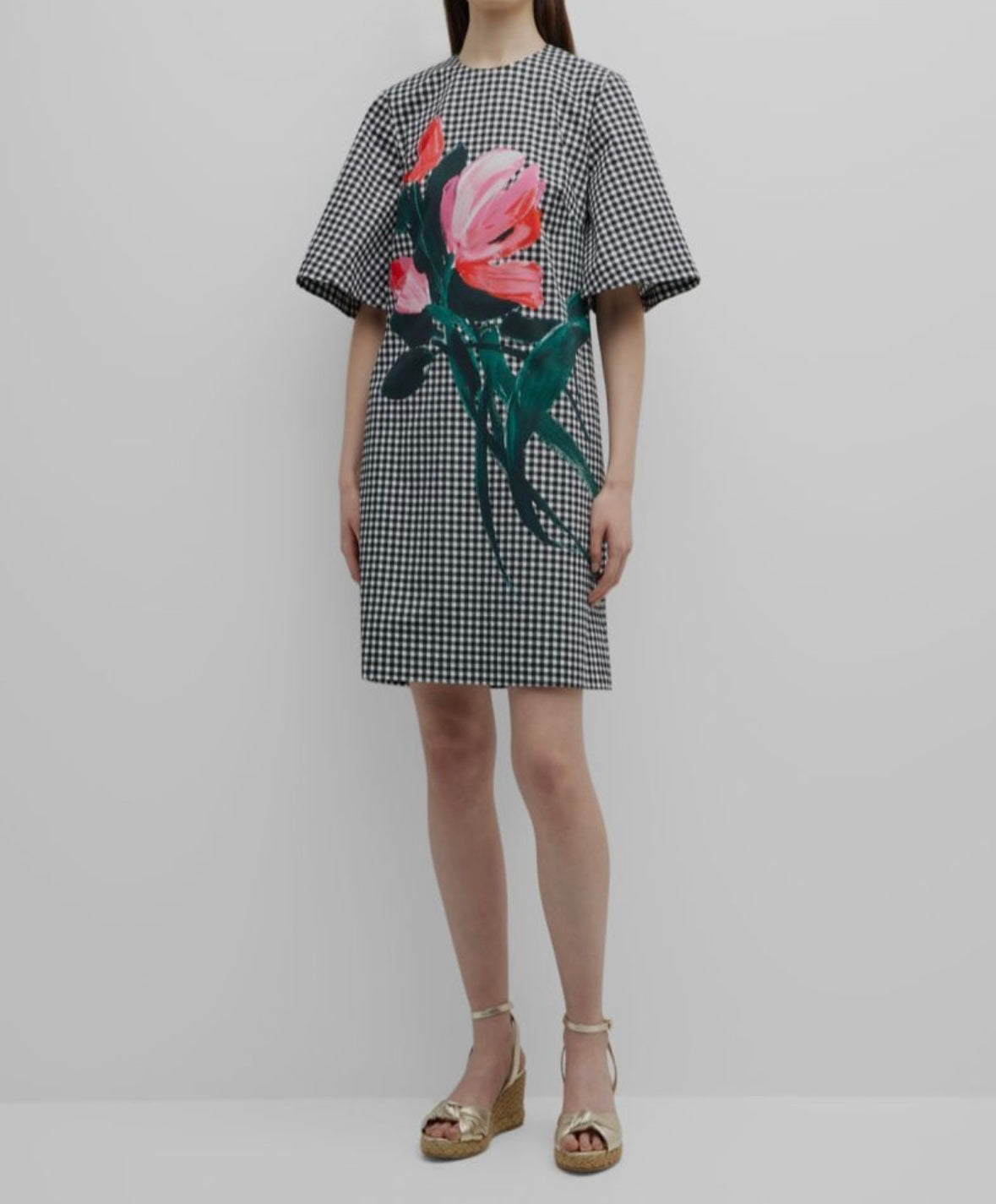Lela Rose Gingham Floral Print Tunic Shift Dress
