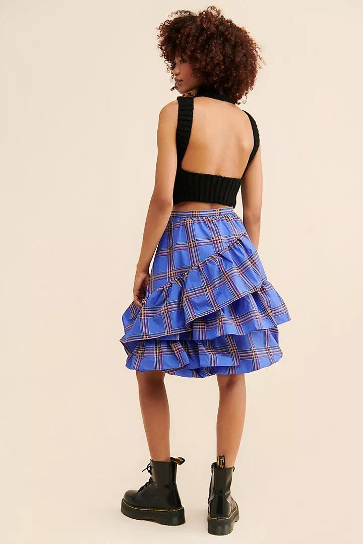 Anthropologie Maeve Womens Tiered Ruffled Mini Skirt Blue Plaid Sz 0 Puff Bubble