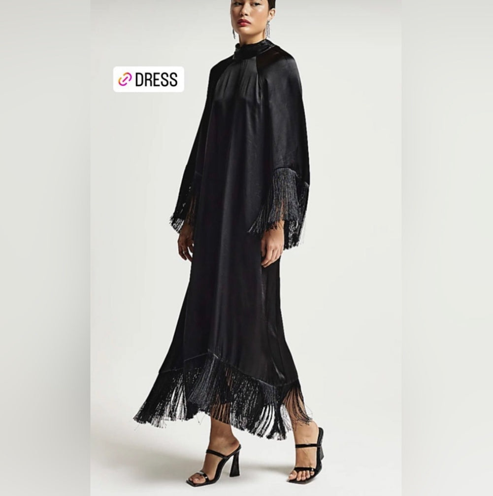 Black RI Studio satin fringe maxi dress