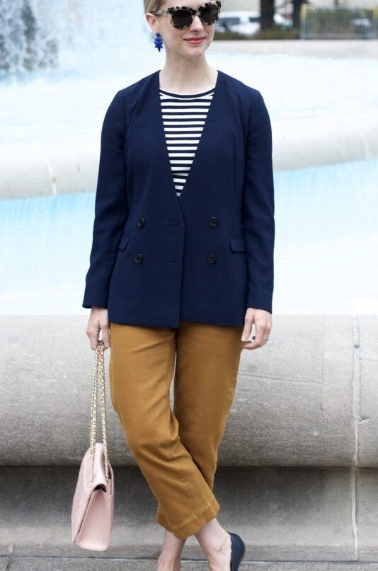 J. Crew 365 French Girl Blazer Womens Navy Collarless Double Breasted 8P H6285