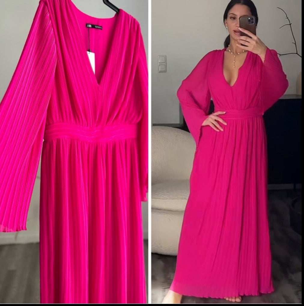 Zara Fuchsia Hot Pink Pleated Dress Barbie Barbiecore New with Tag size XS