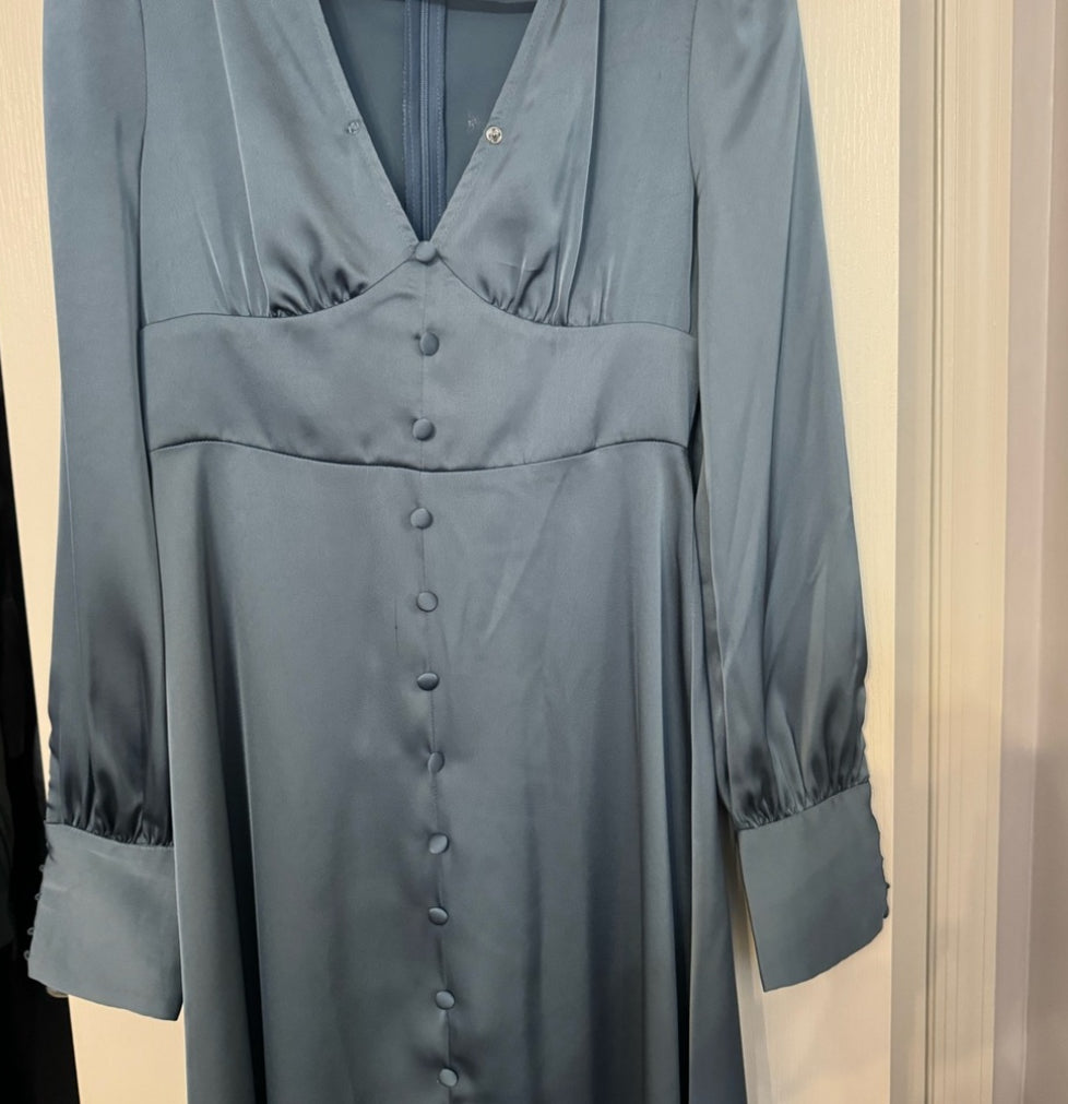 Cider brand blue satin feel dress with front buttons and front slit.