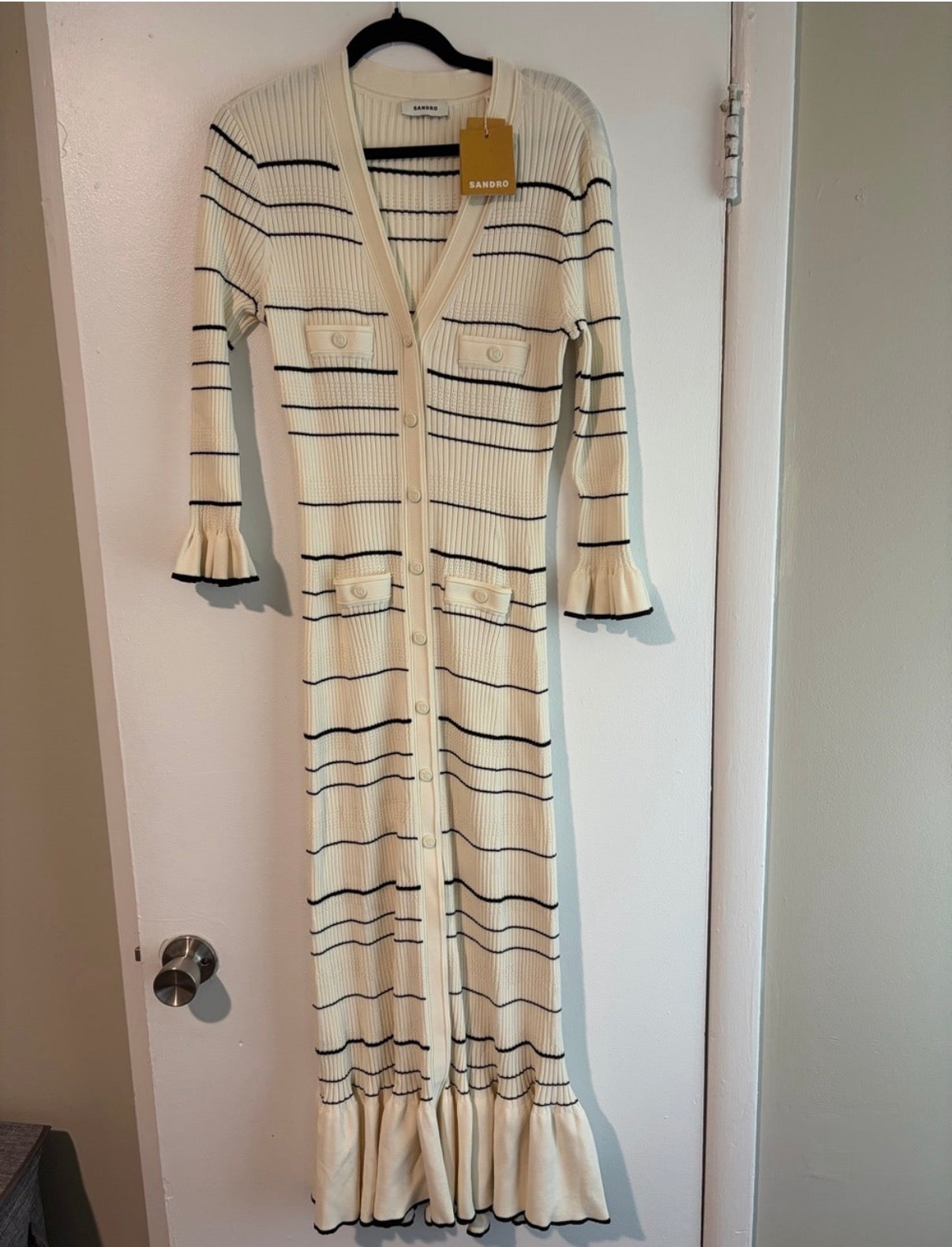Sandro Sophia Cream Knit Midi Dress with Black Stripes size 42 FR USA SIZE 10 NWT