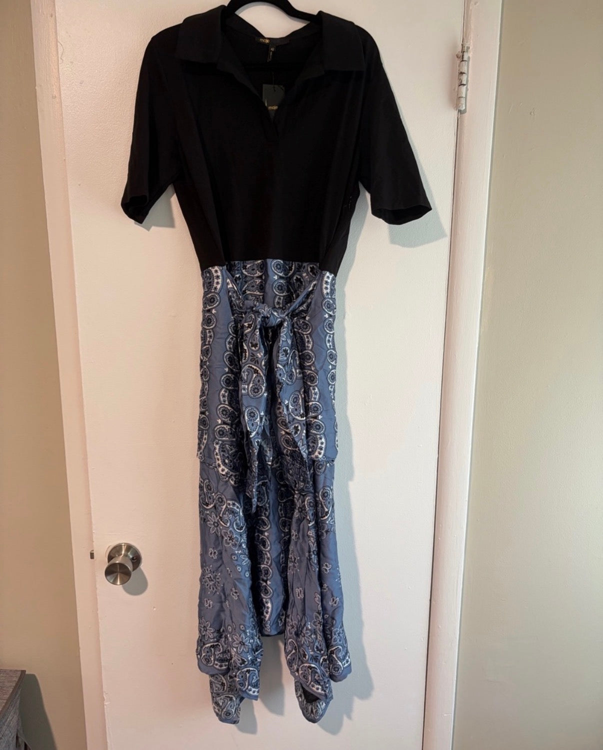 Maje Raprinana Mixed-Media bandana print midi Dress Blue NWT SIZE 10