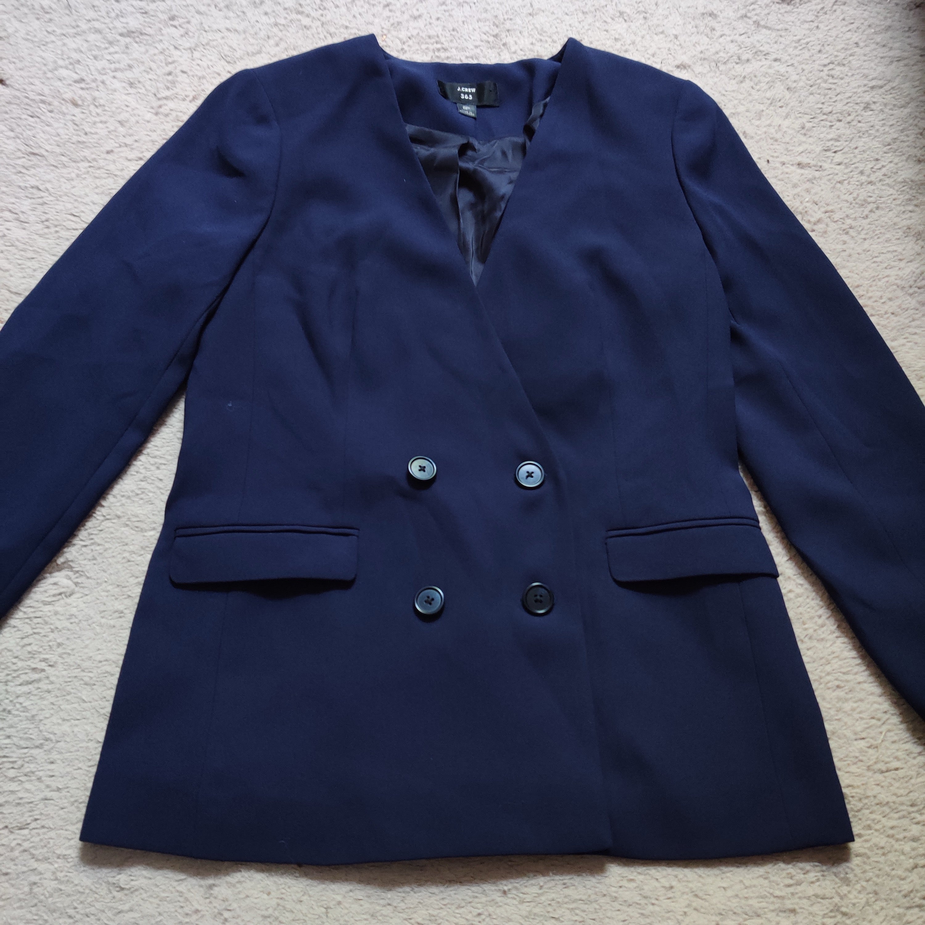 J. Crew 365 French Girl Blazer Womens Navy Collarless Double Breasted 8P H6285