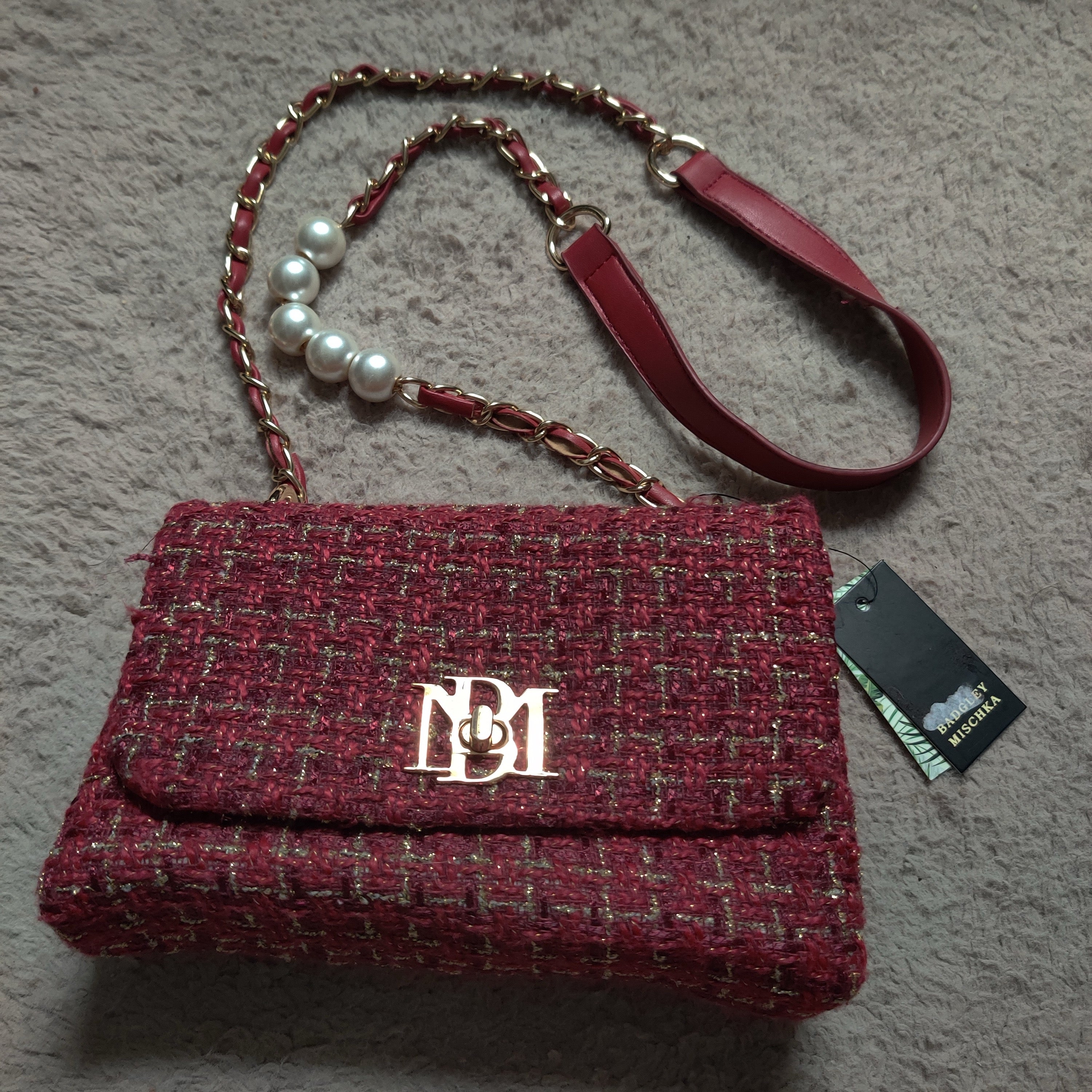 Badgley Mischka Red Tweed Gold Chain Pearl Crossbody Purse Messenger Bag Handbag