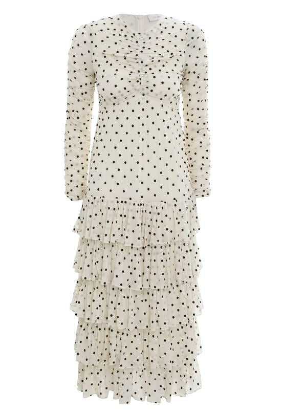 NWT Zimmermann Concert Drawn Midi Dress White with Black Dots Embroidered