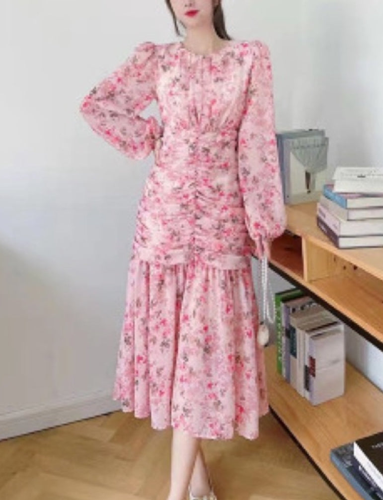 Floral Pattern Round Neck Long Puff Sleeves Ruffle Design Women Midi Dress