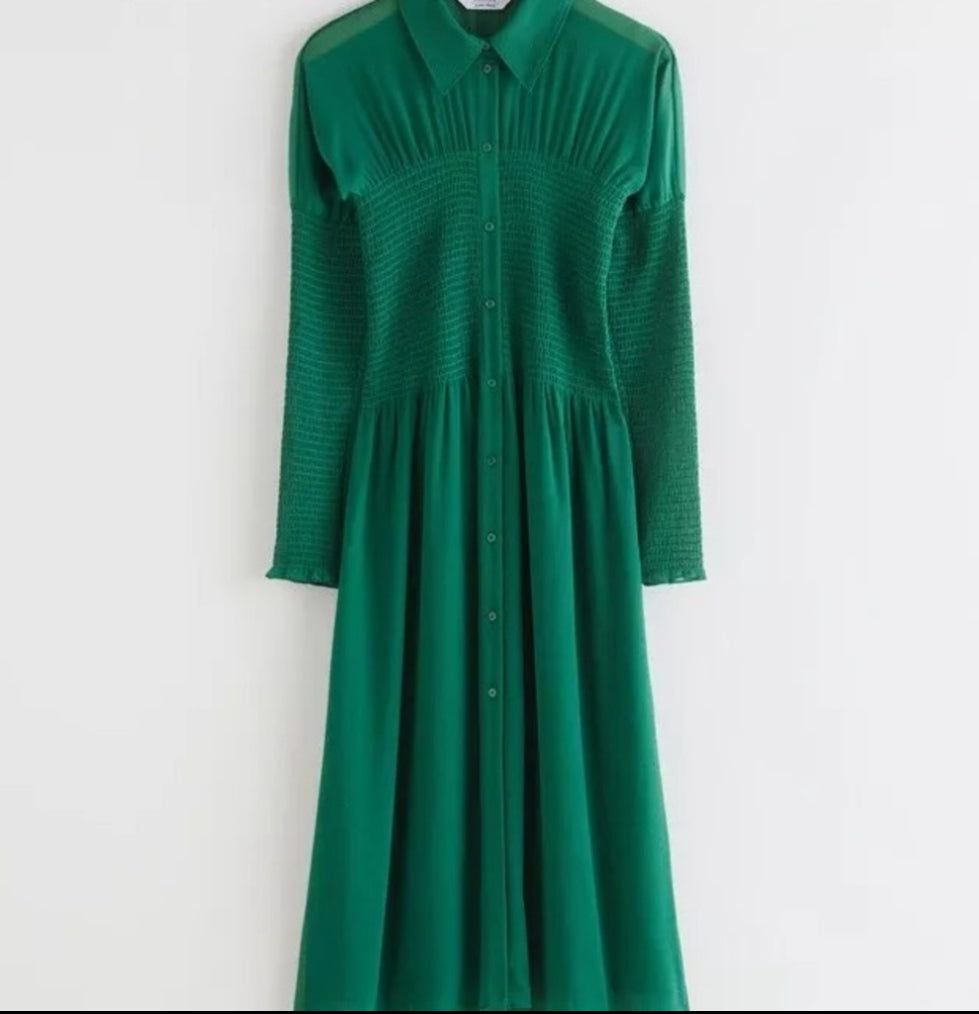 Other Stories Shirt Dress Flowing Smocked Button Up Midi US 2 Dark Green