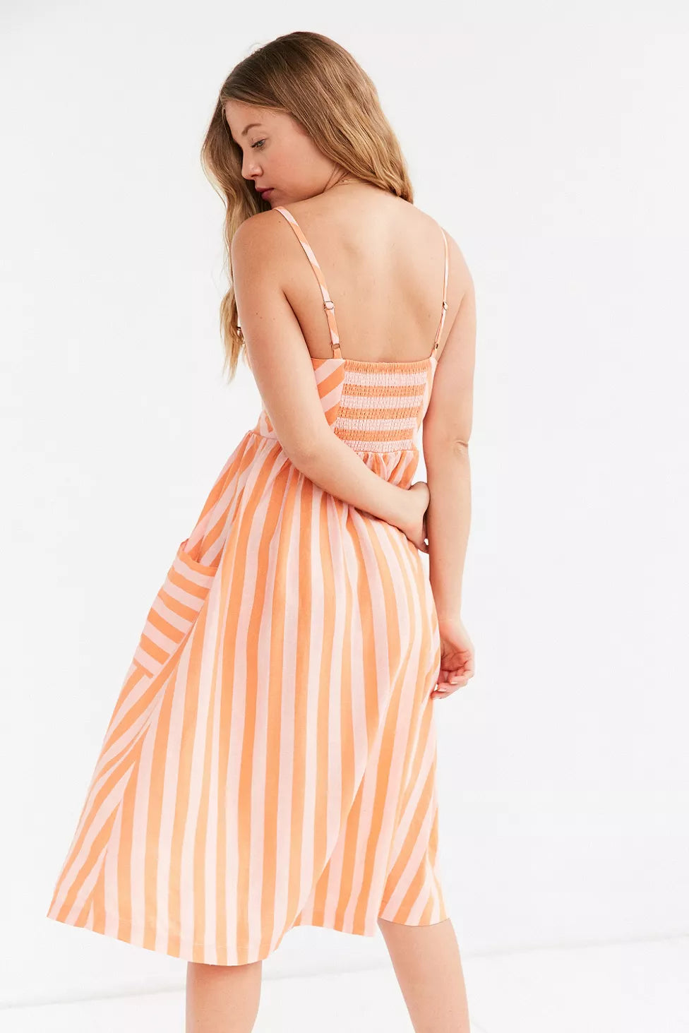 urban outfitters Cooperative Emilia Linen Button Down Midi dress S Orange Pink Stripe