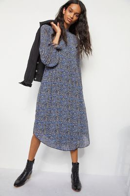 Anthropologie Maeve Shara Pleated Midi Dress Women Long Sleeve Small Blue Black